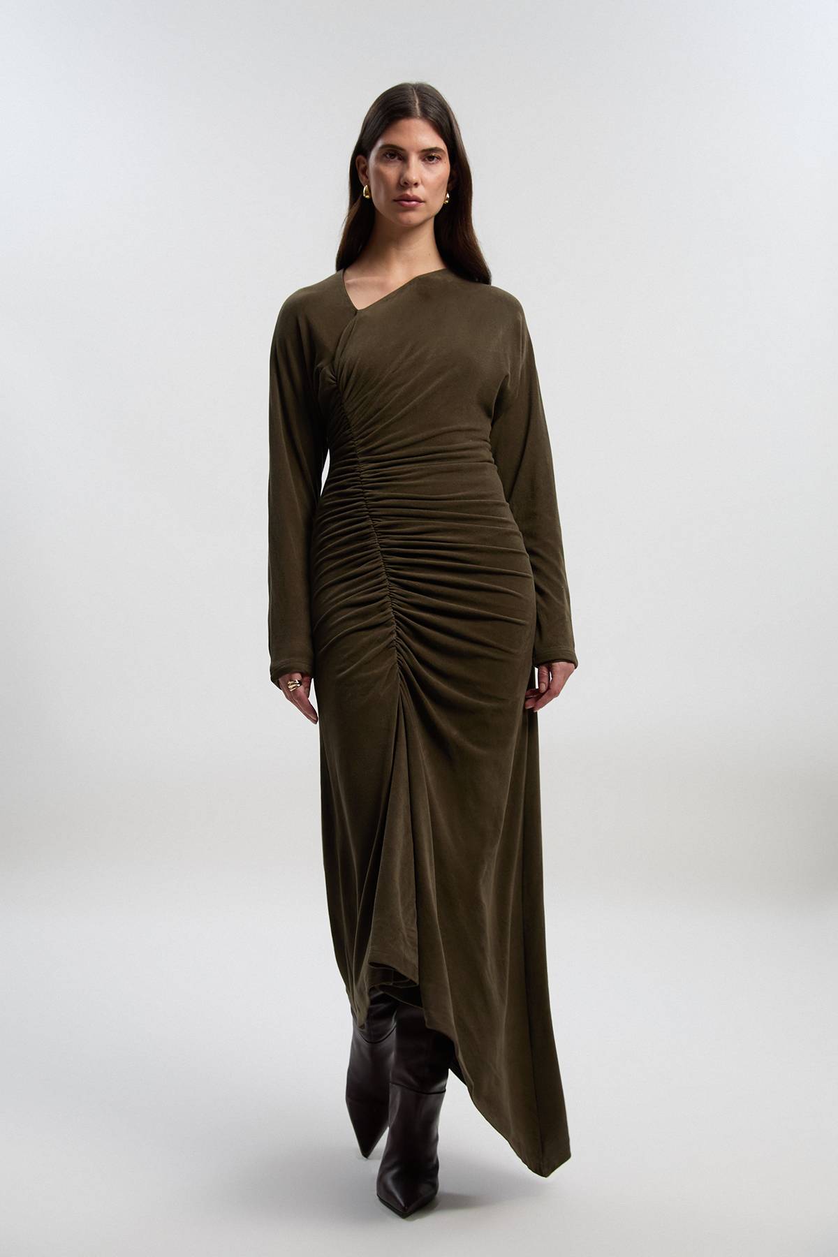 KarenMillen Robe Mi-longue en Jersey Texturé Brossé avec Détail Froncé