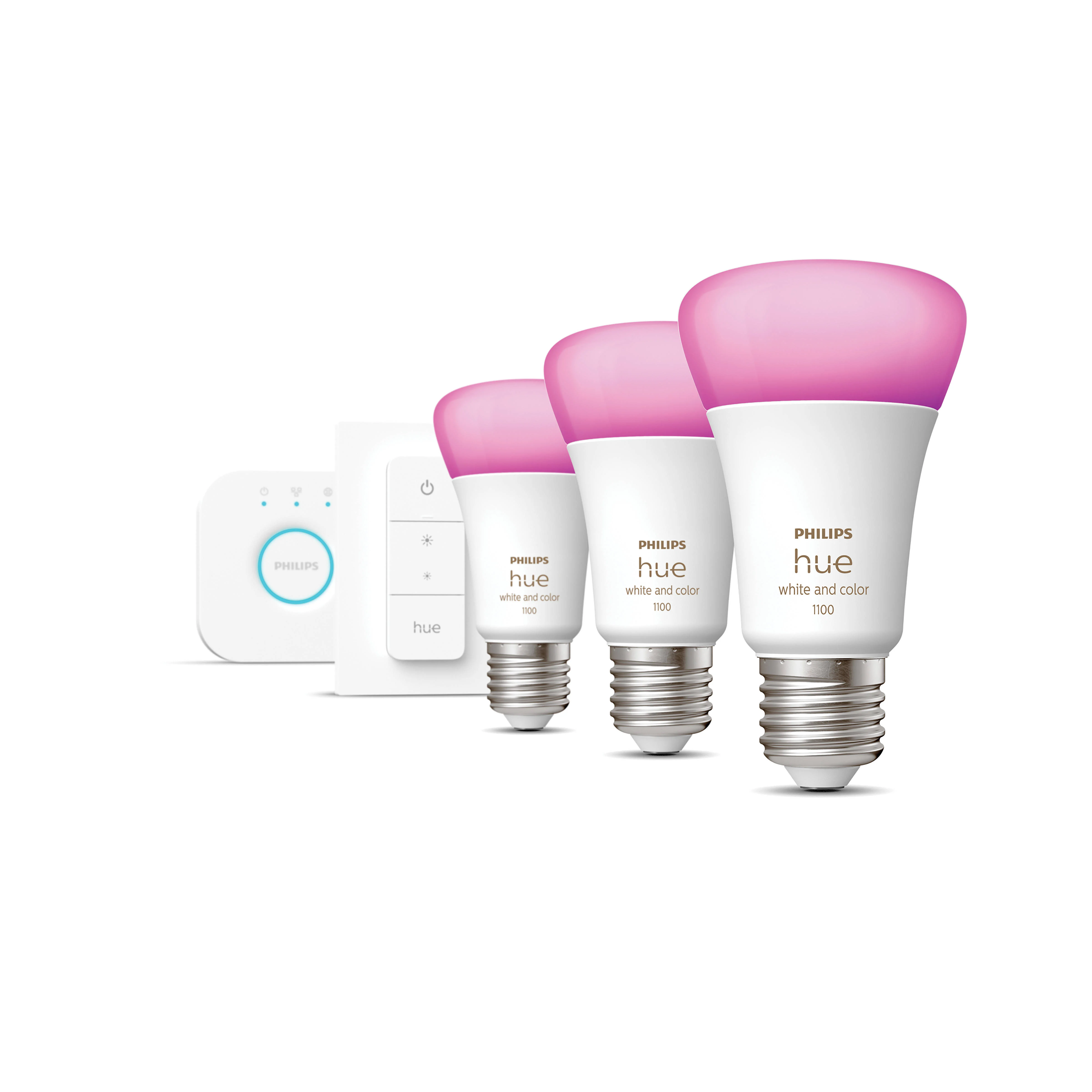 Philips Hue starterkit - wit en gekleurd - 3 lampen - E27 - 1100lm - 1 dimmer switch