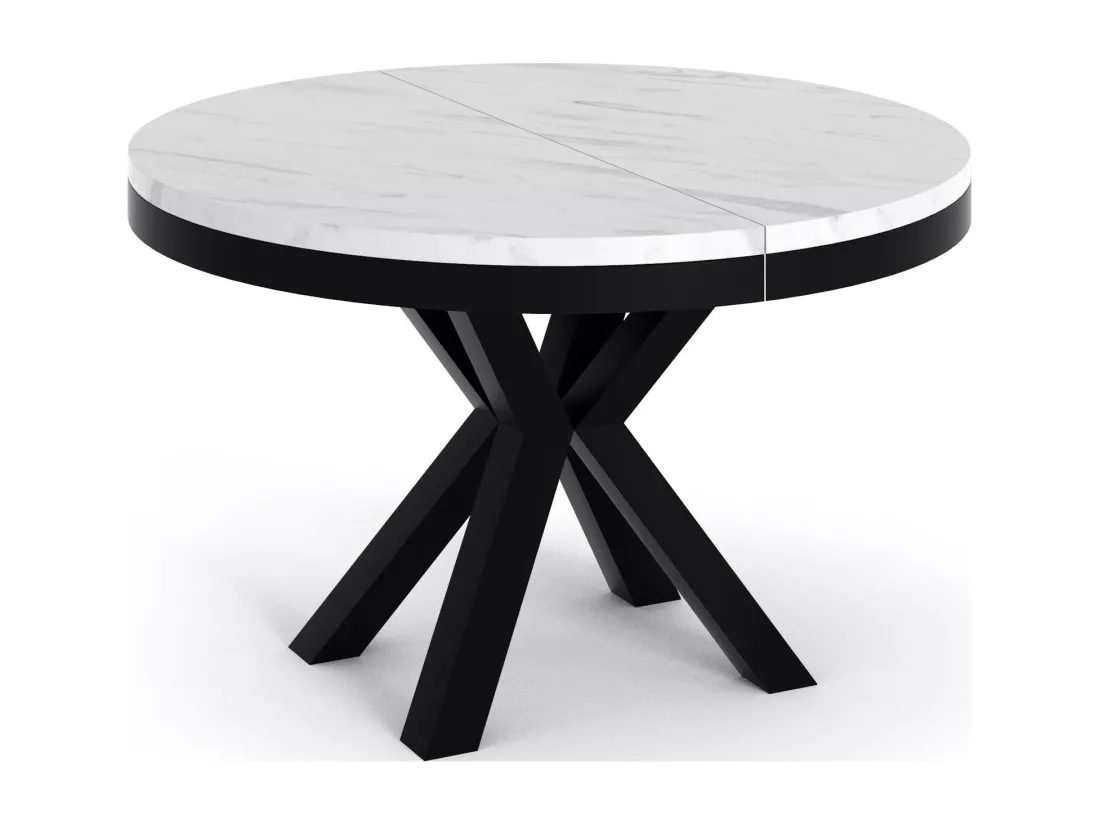 Table à Manger Ronde Extensible Style Loft - Table Industrielle Avec Pieds En Métal Noir - Gain De Place Pour Salon Et Séjour - 100 Cm - Marbre Blanc - 100 Cm