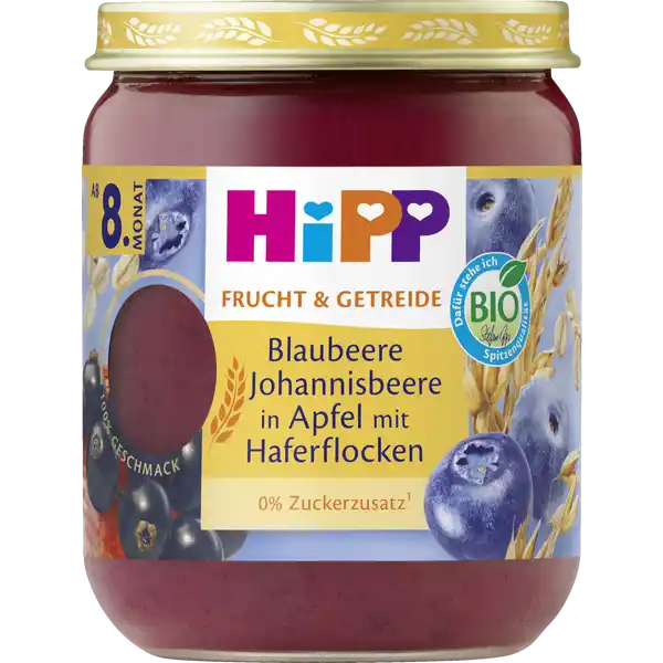 Bio Frucht und Getreide Blaubeere Johannisbeere in Apfel mit Hafer