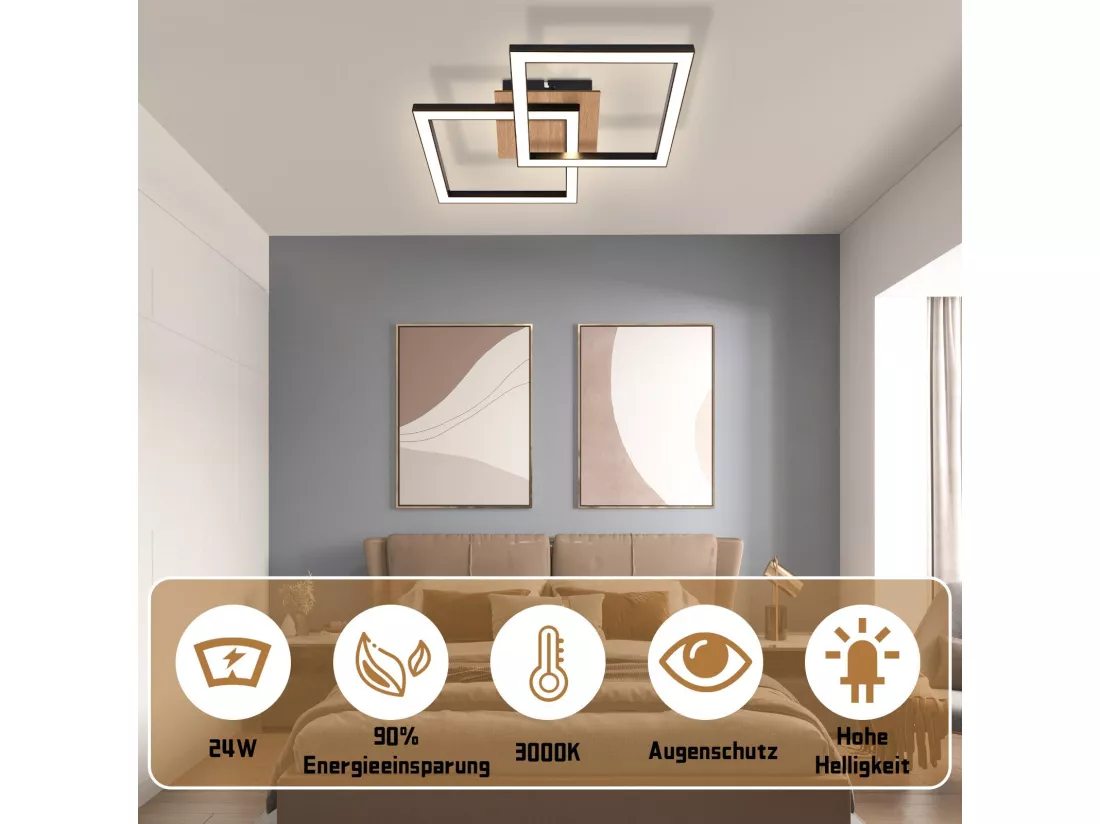 NETTLIFE Plafonnier LED Noir Bois 3000K Blanc Chaud Design Moderne 24W