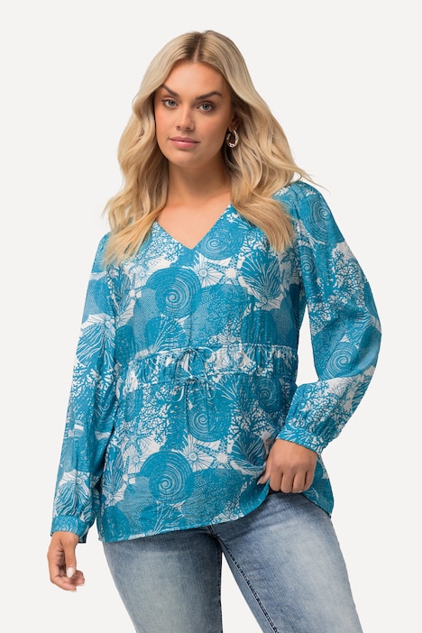 Bluse, maritimer Druck, V-Ausschnitt, Halbarm