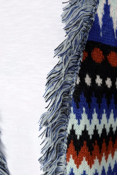 Long-Strickjacke, oversized, Zackenmuster, offene Form, Fransenkante