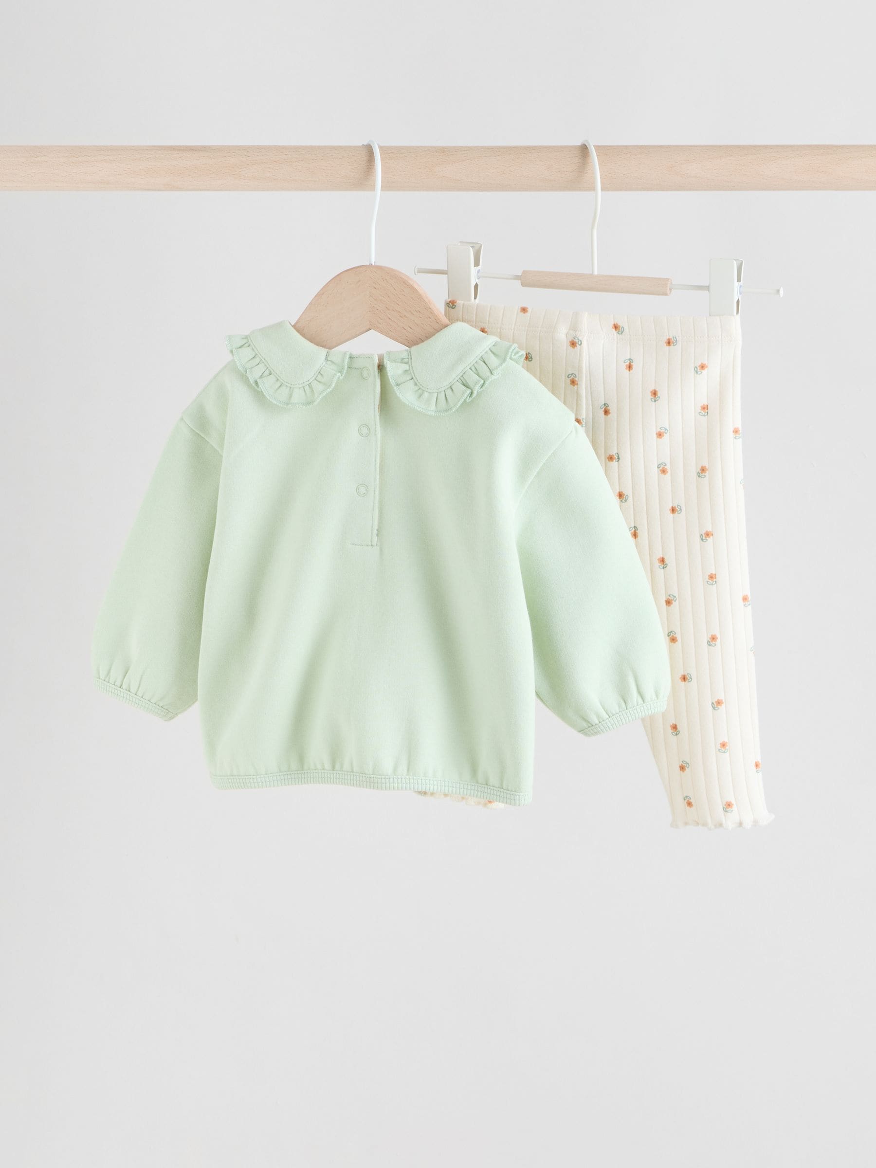 Saliegroen/crème fijne print - 2 -delige Babyset van Sweater met ruchekraag en Leggings (0mnd-2jr)