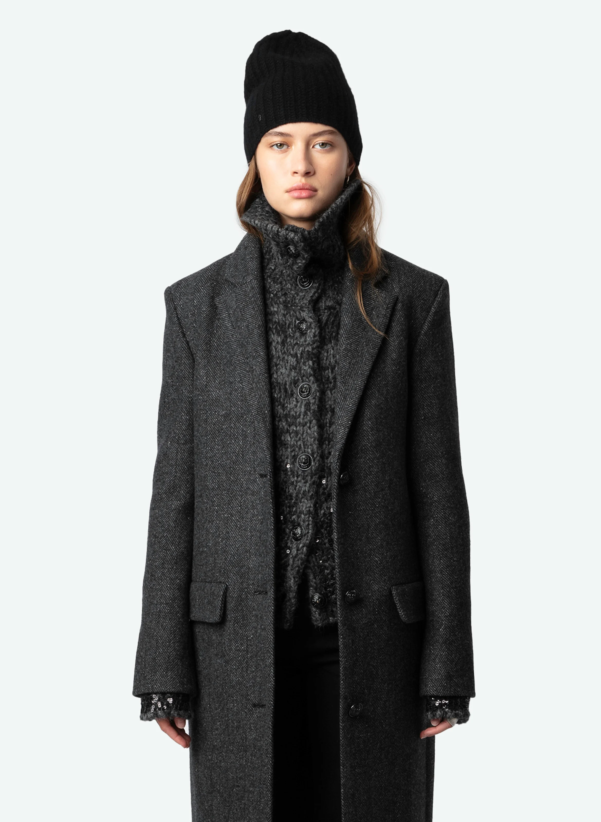 MIO - Manteau long droit en laine recyclée | Gris