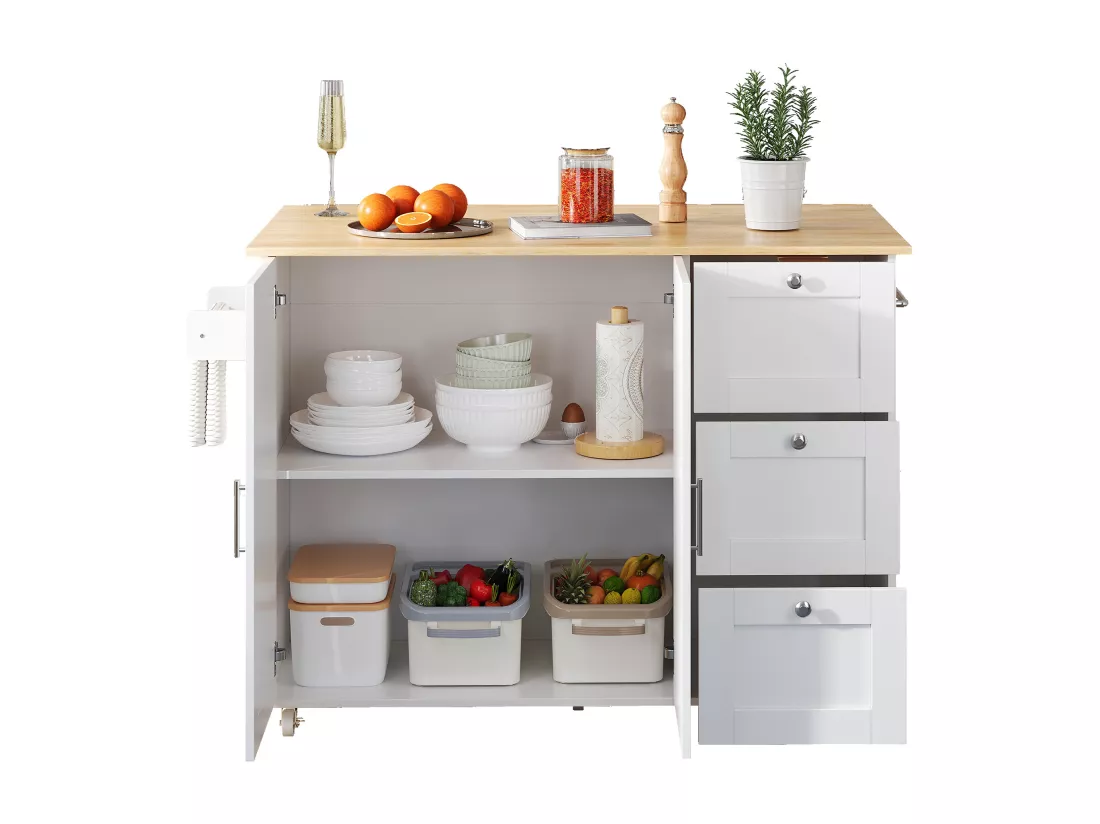Ilot central de cuisine mobile avec 2 portes et 3 tiroirs - Plateau extensible - 135x44(70)x90 cm - Bois MDF - Blanc et naturel