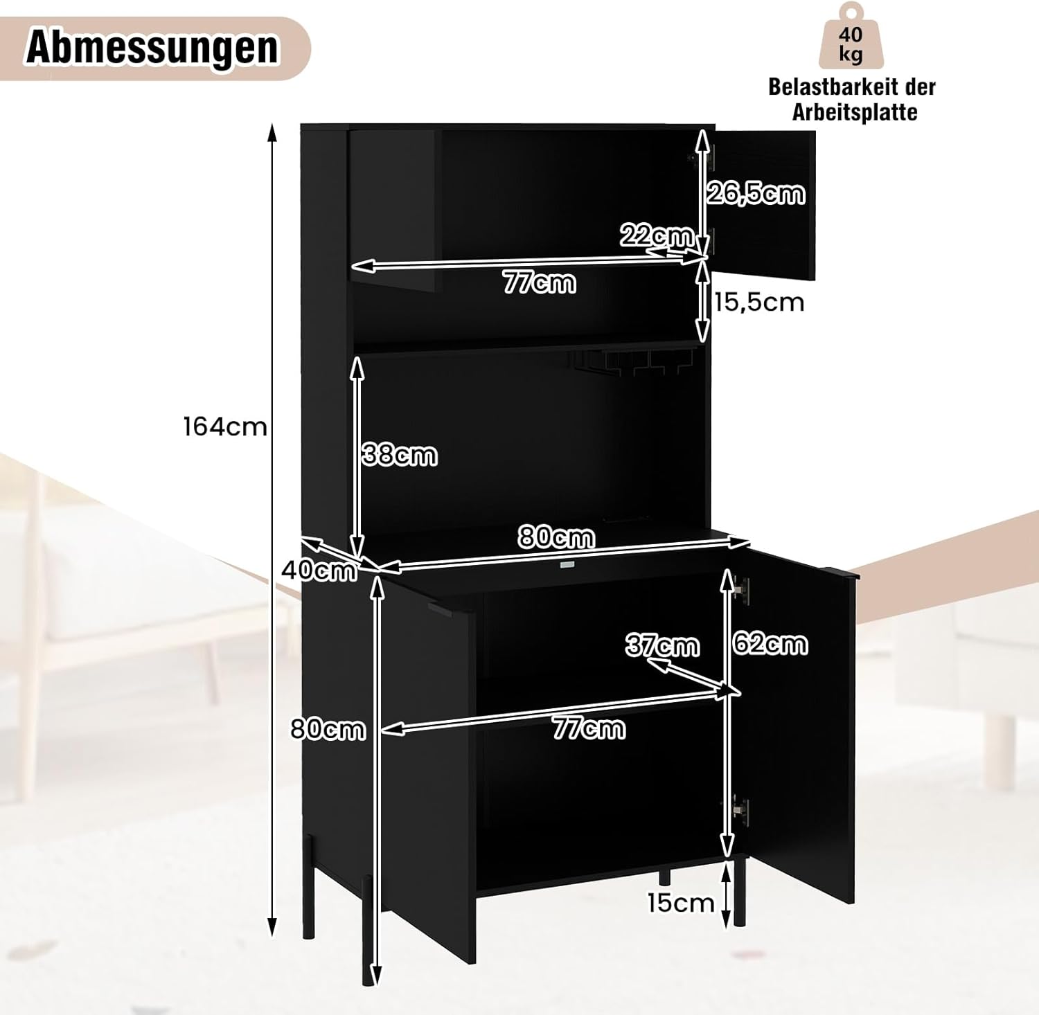 COSTWAY Küchenschrank Holz, Buffetschrank mit Ladestation, Hochschrank mit Türen, Weinglashalter & Arbeitsplatte, Vorratsschrank Aufbewahrungsschrank, für Küche Esszimmer, 80x40x164 cm, Schwarz