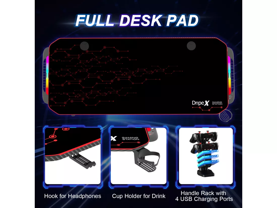 Bureau Gaming Ergonomique, Table d'ordinateur avec LED,Grand Bureau de jeu avec Panier à Boissons Crochet Pour Casque,Adapté au Bureau Maison,140x60x75cm