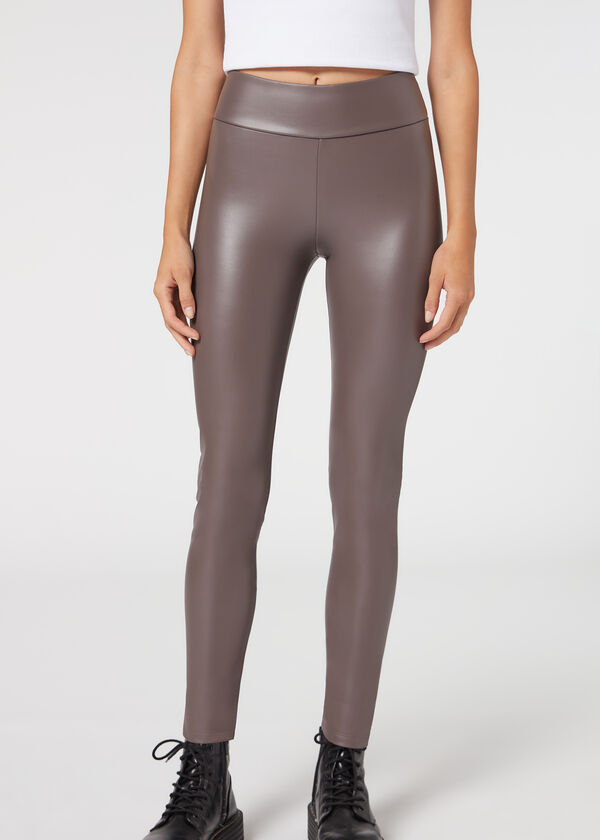 Calças legging com efeito de couro térmico