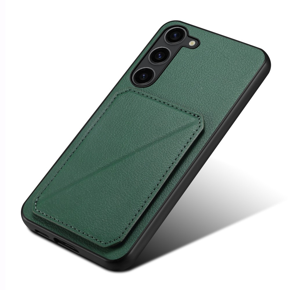 Samsung Galaxy S24 Leder Hülle mit Kartenfach   Origami Kickstand Aufsteller im Litchi Look - Dunkelgrün