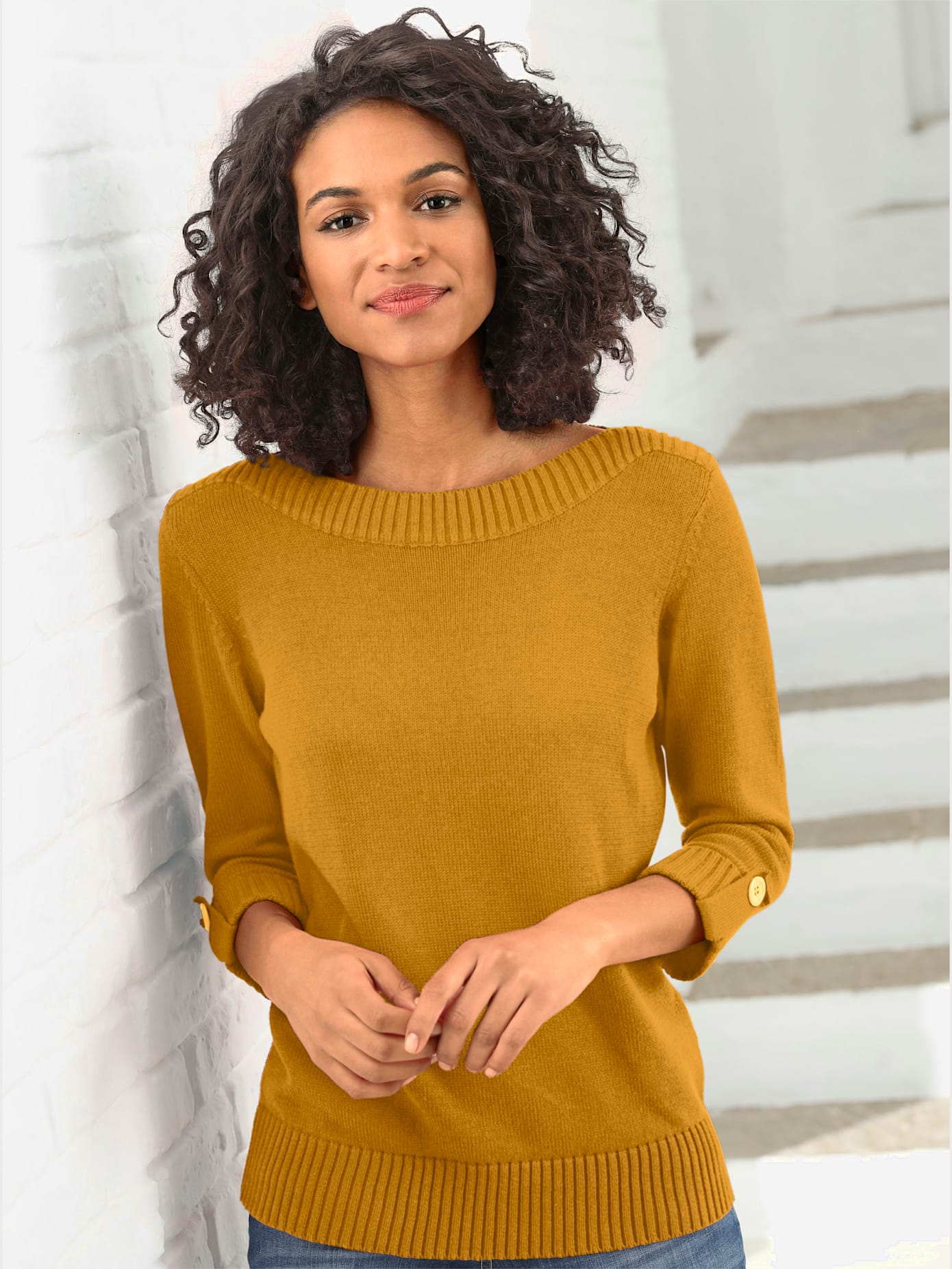 Pull femme manches 3/4 revers boutonnés