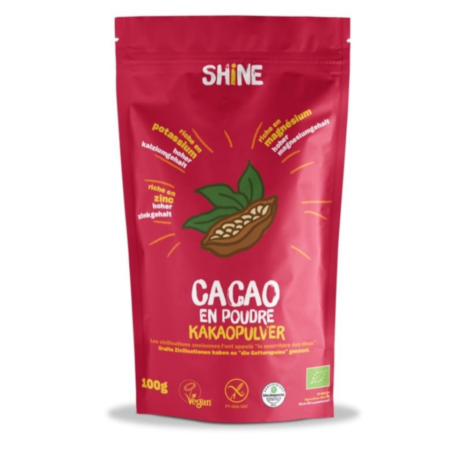 SHINE Rohes Kakaopulver<br>100 g, Beutel, Pulver, BIO