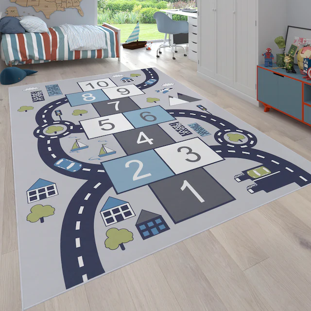 Paco Home Kinderteppich »Bino 565« rechteckig 4 mm Höhe Kurzflor, Strassen-Spiel-Teppich & Spielmotiv Hüpfkästchen