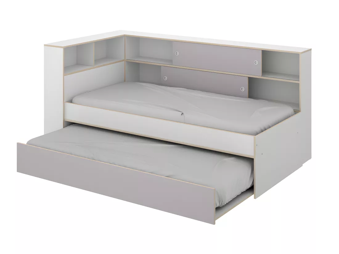 Lit gigogne avec rangements - 90 x 200 et 90 x 190 cm - Blanc et gris + sommier + matelas - LOSIANA