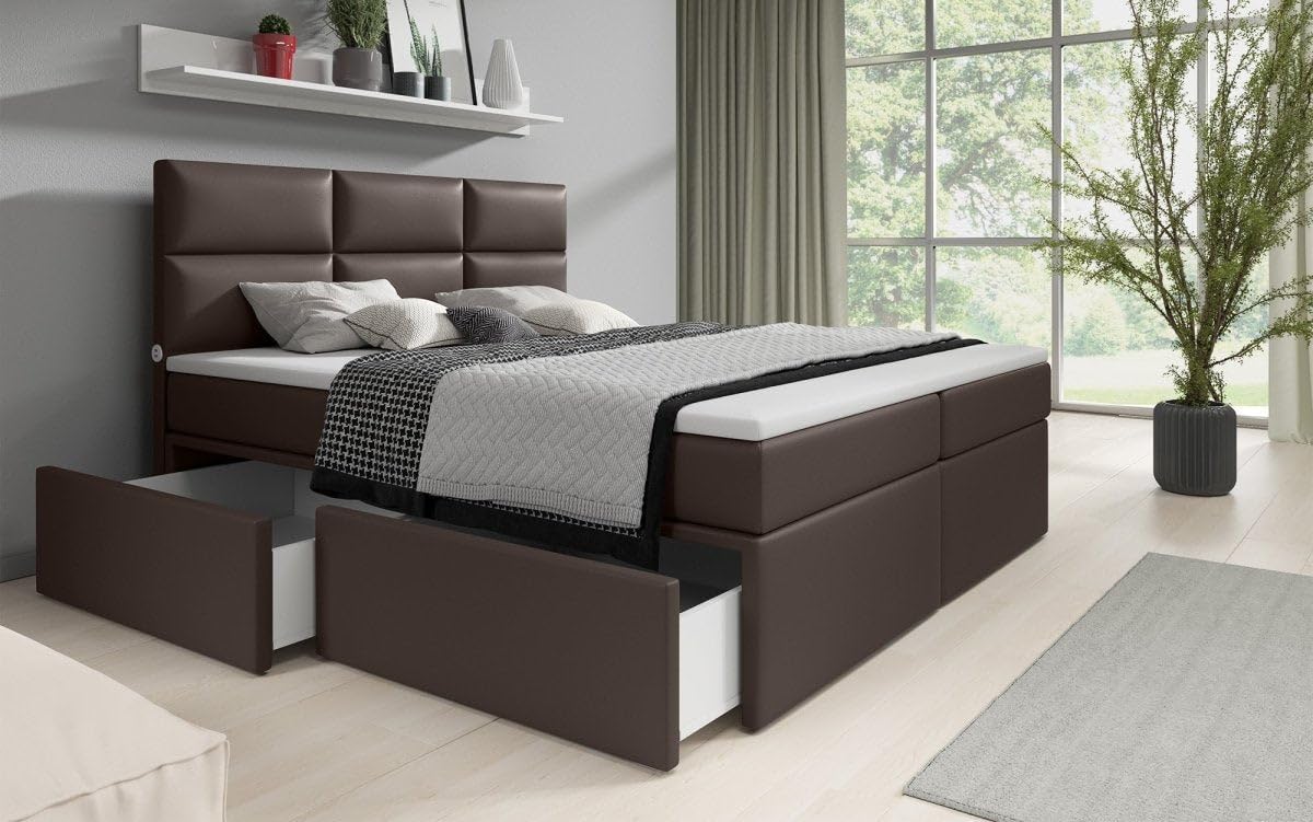 Boxspringbett Citaro 160x200 Doppelbett Polsterbett Bett mit USB-Anschluss und Stauraum | Bezug: Kunstleder | Farbe: Braun | Härtegrad: H4 (100kg+)
