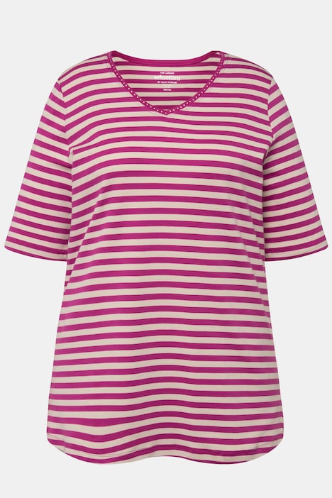 T-Shirt, Pima Cotton, Ringel, V-Ausschnitt, Halbarm