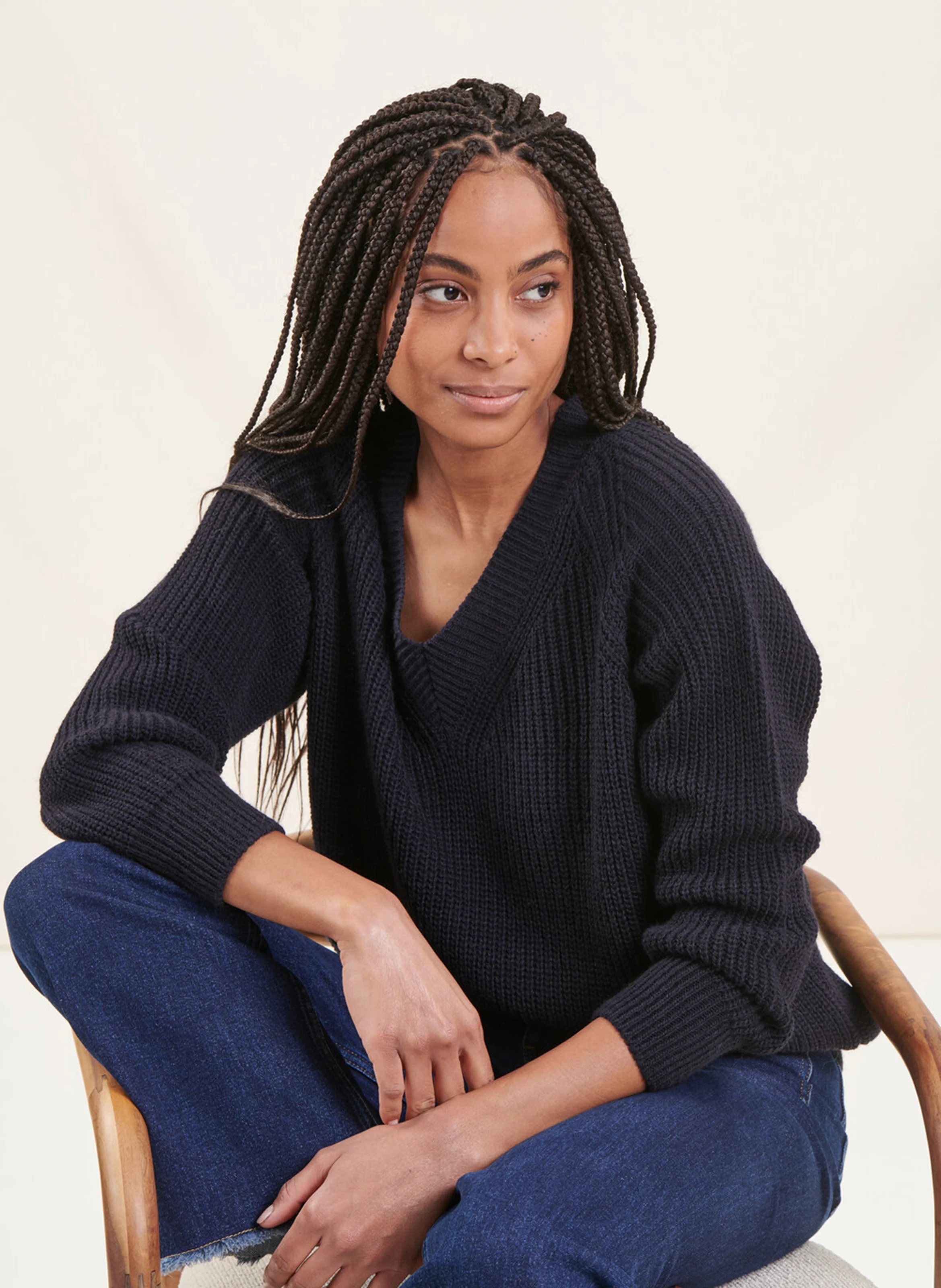 Pull droit col V en maille mélangée | Bleu