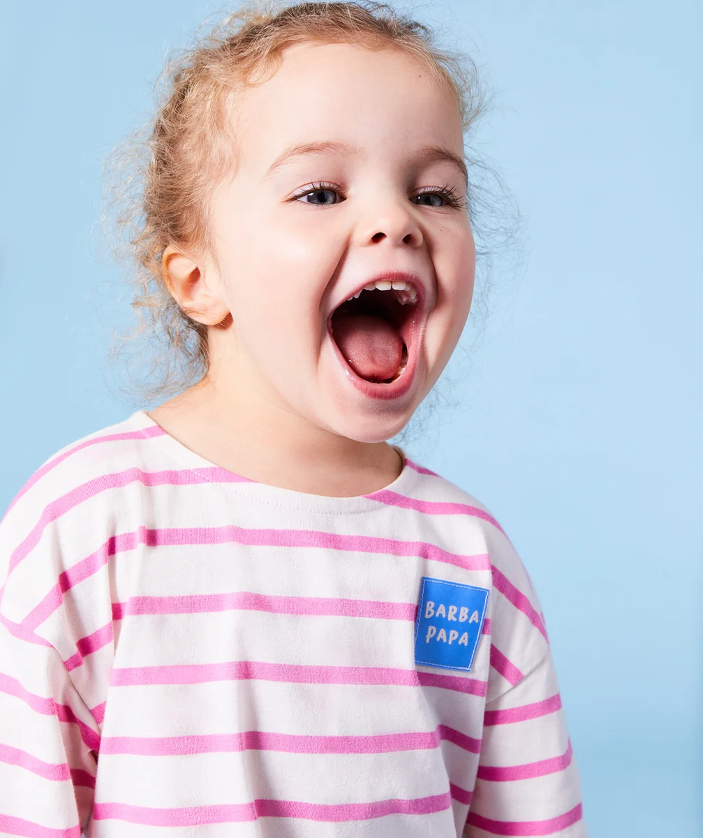 T-SHIRT MANCHES LONGUES BÉBÉ FILLE EN COTON BIO MARINIÈRE ROSE THÈME BARBAPAPA