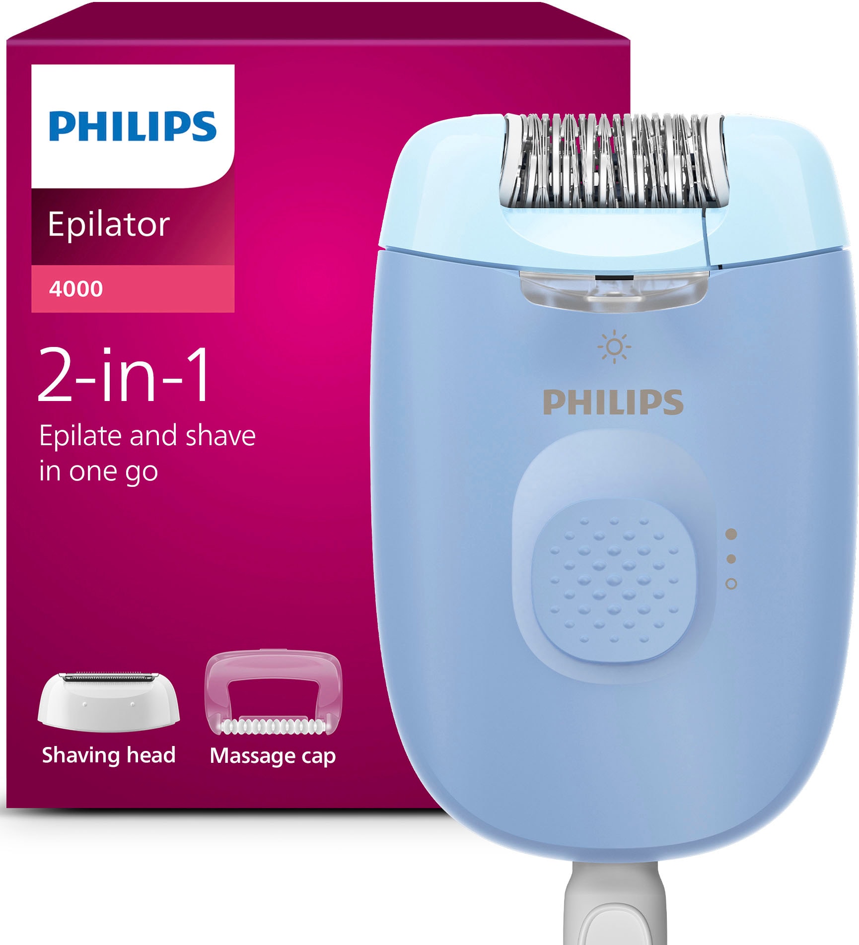 Philips Epilierer »Series 4000« 2 Stk. Aufsätze kompakter Epilierer mit Kabel und LED-Licht, inkl. Massageaufsatz