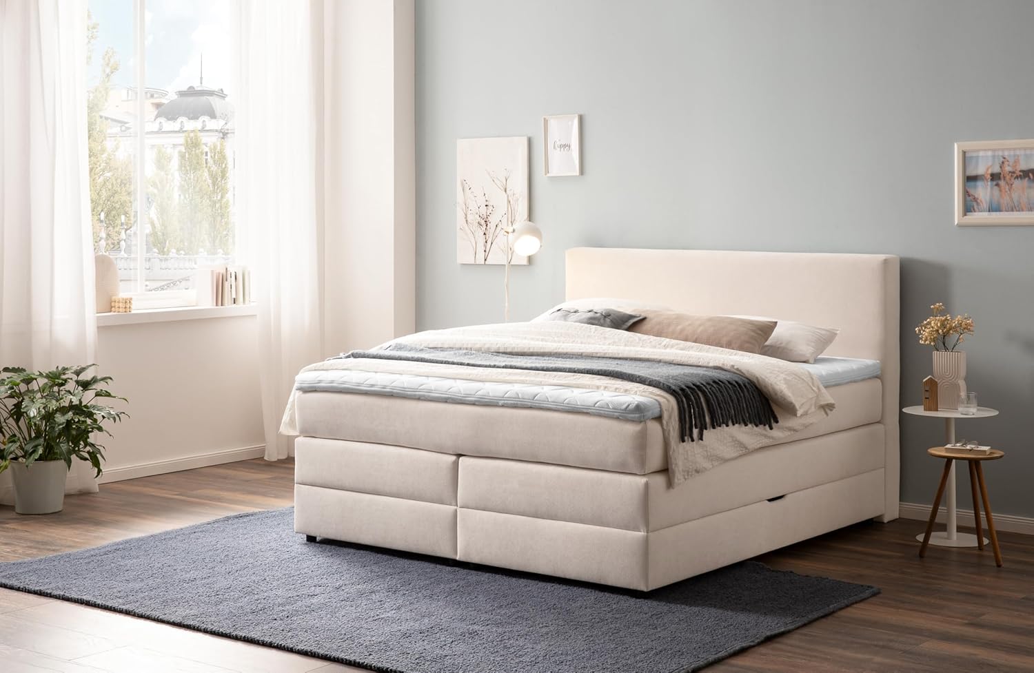 Belanoti Loft Boxspringbett 160x200 mit Bettkasten 7-Zonen Taschenfederkern Matratze inklusive Visco Topper Bett 160x200 in der Farbe Beige H2 und H3 Polsterbett mit Stauraum