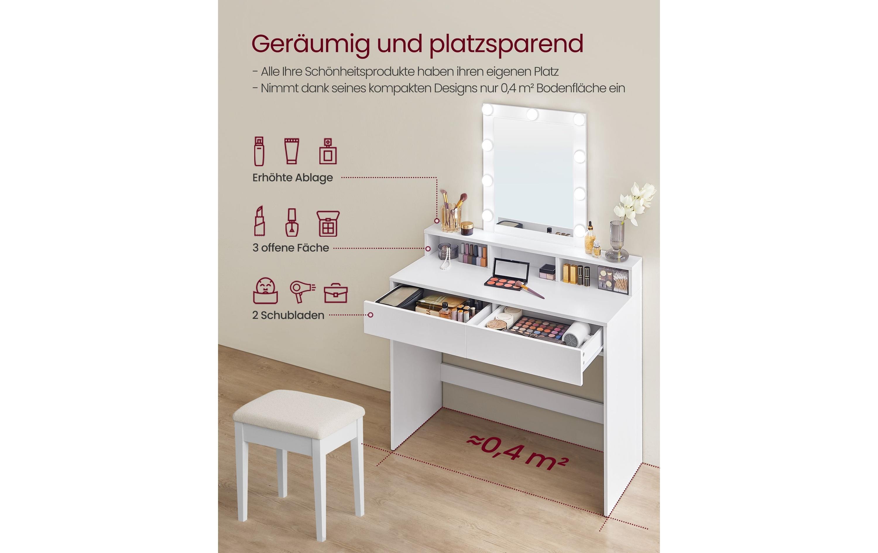 Schminktisch 100 x 40 x 145 cm, Weiss<br>Schminktisch mit LED-Beleuchtung