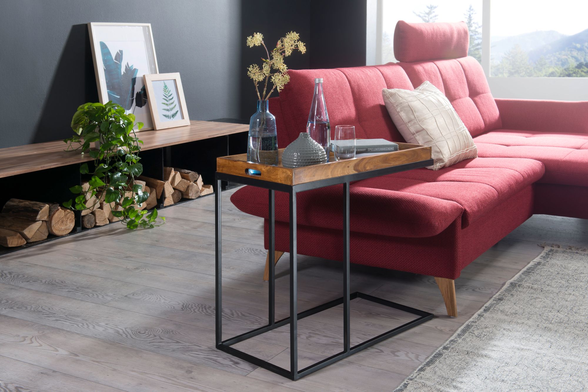FineBuy Beistelltisch Sheesham massiv Holz Tabletttisch Abstelltisch Holz Metall