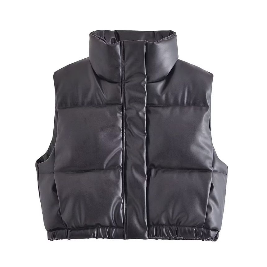 Susaine - Opstaande kraag, effen gewatteerd imitatieleren cropped vest met rits