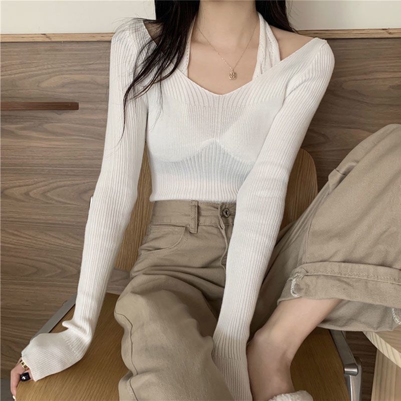 Hevnir - Tweedelige geribbelde, slim fit gebreide top met lange mouwen en halternek