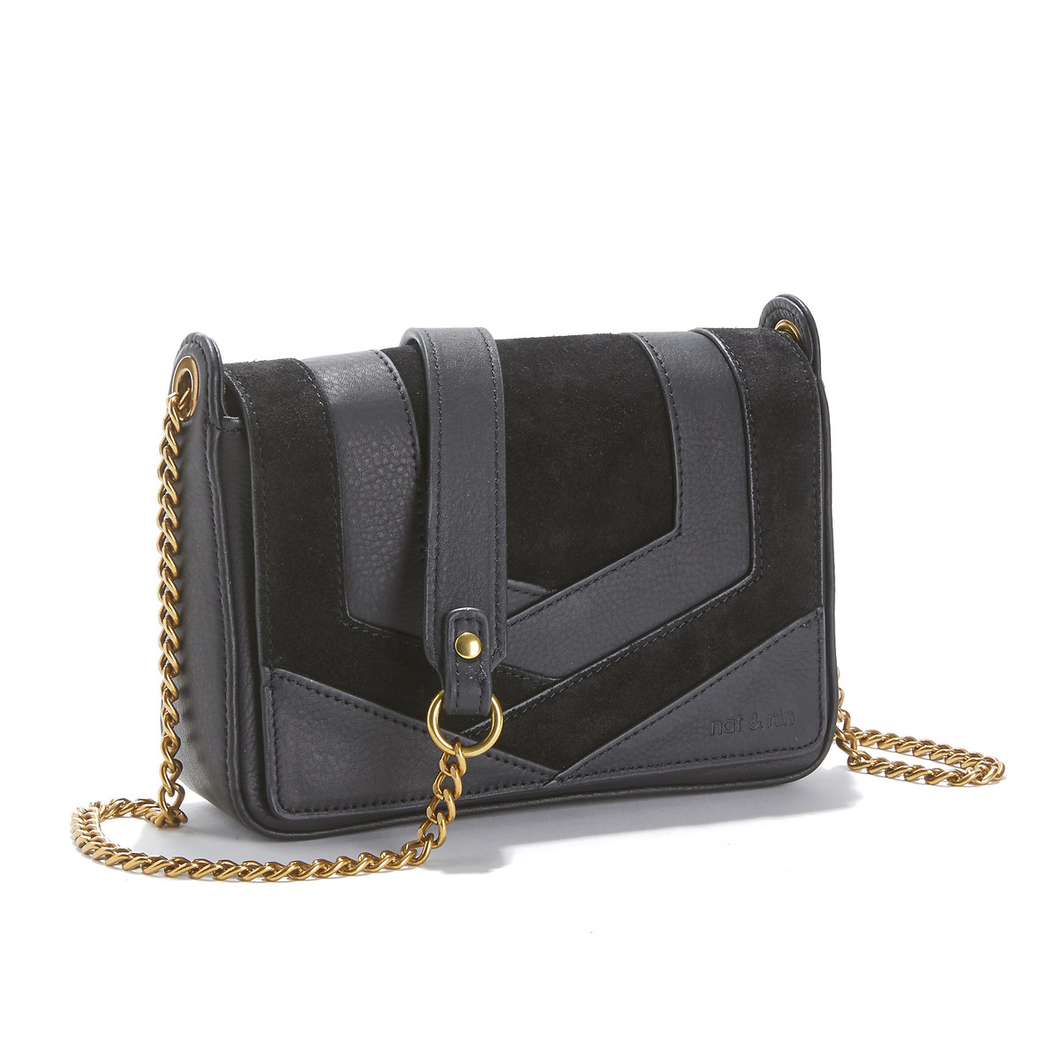 NAT & NIN<br>Bolsa de mão com aba em couro liso e camurça Capri
