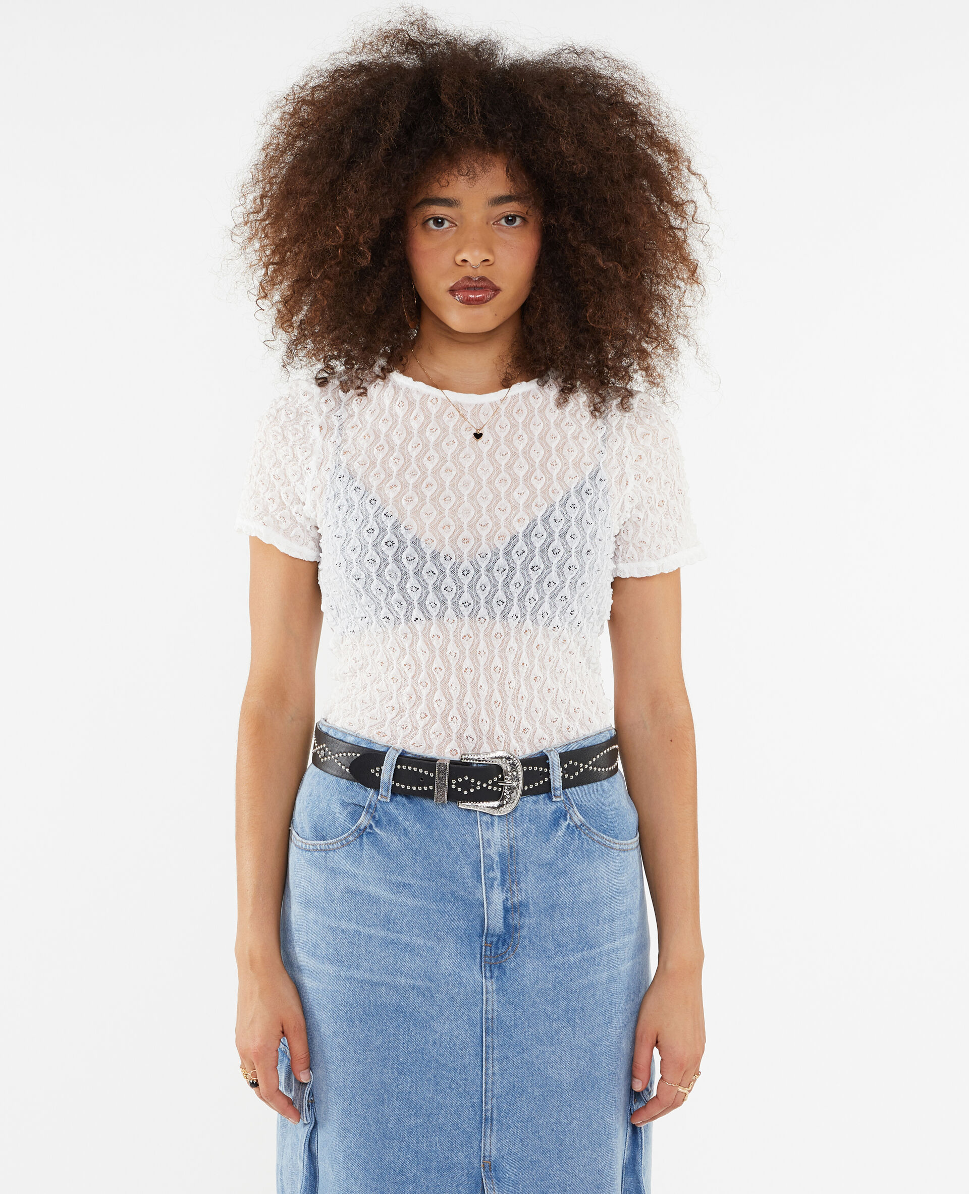 Top en dentelle tissu reliefé - Blanc