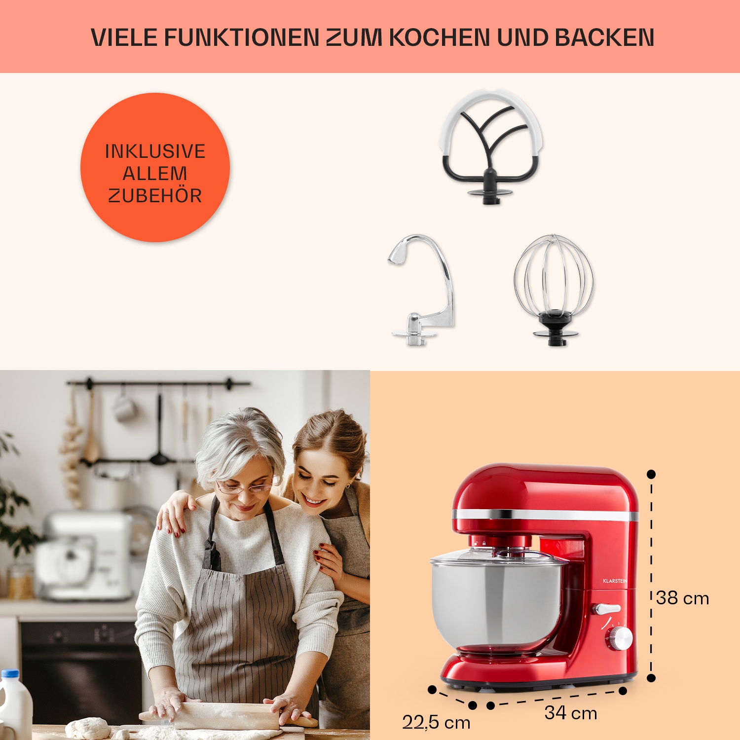 Bella Elegance Küchenmaschine 1800 W 2,7 PS 5,2 Ltr Edelstahl BPA-frei