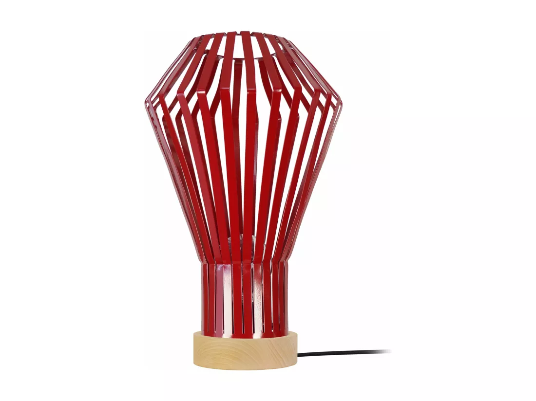 Lampe a poser bois, conique métal rouge 43 cm.