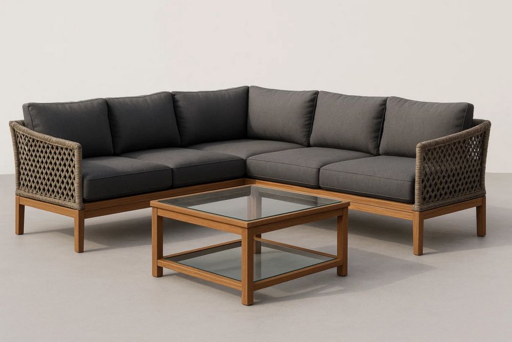 Ecksofa Set aus Teakholz mit Glas Couchtisch und Anthrazit Kissen
