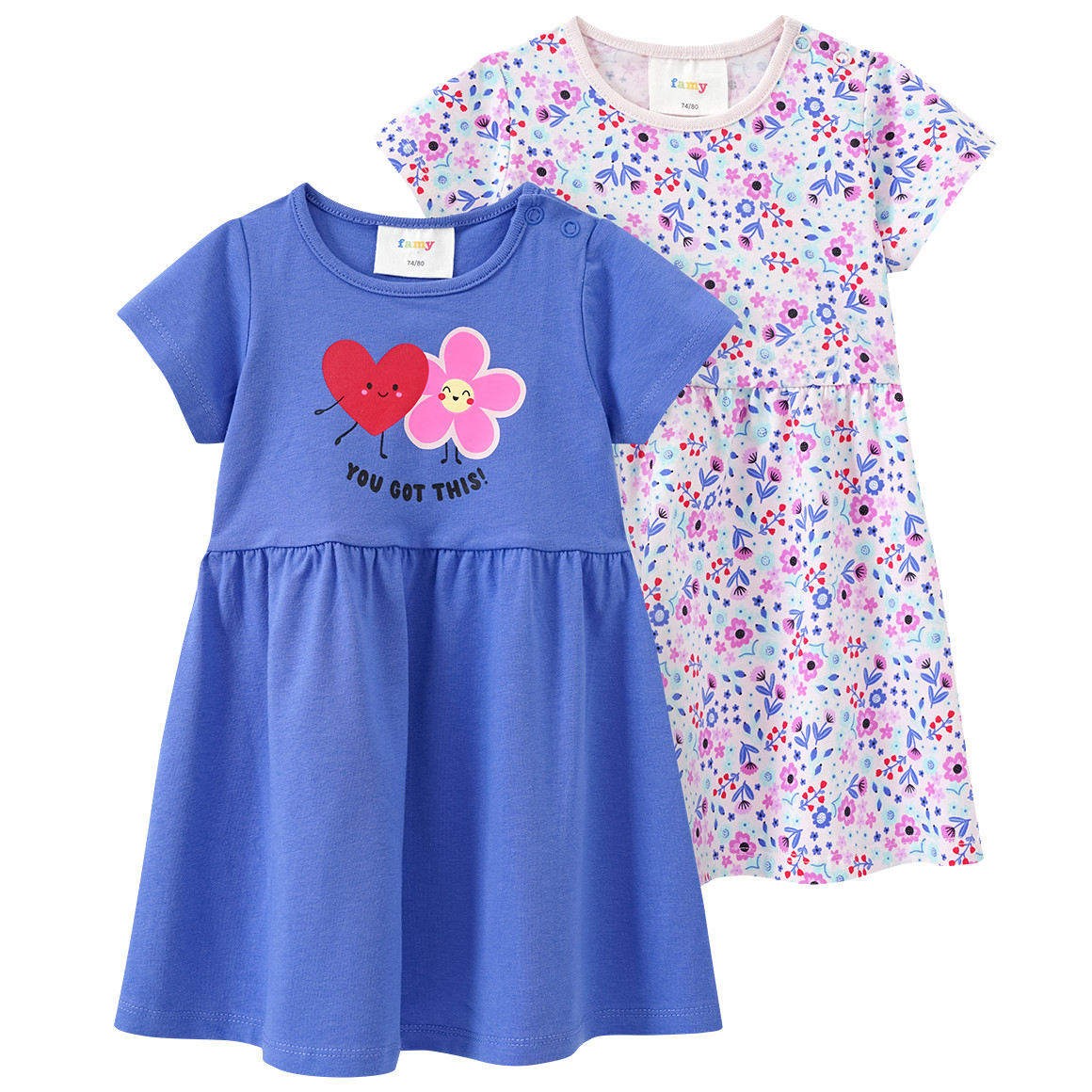 Famy 2 Baby Kleider mit bunten Motiven blau / zartrosa