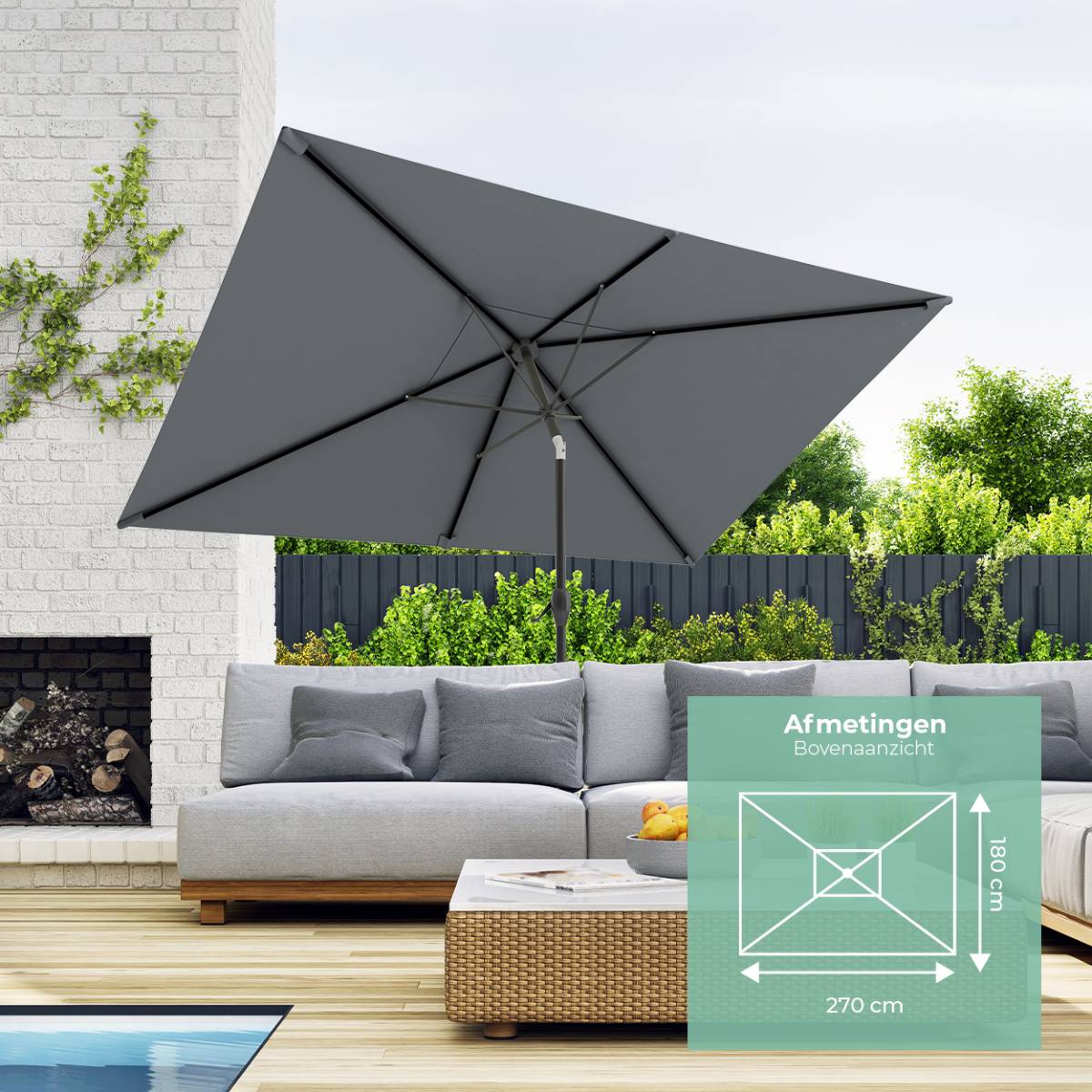LifeGoods 270 x 180 cm parasol - Dark Grey