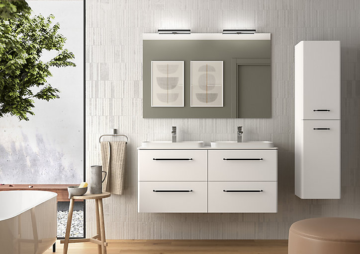 Meuble sous vasque à suspendre Cygnus bath Teha L. 120 cm blanc coton + plan double vasque semi-encastré résine blanc
