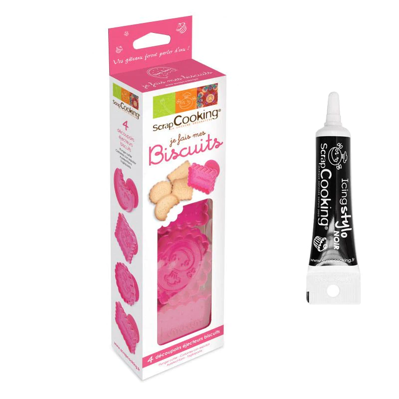 4 découpoirs-éjecteurs à Biscuits + Stylo glaçage noir Scrapcooking