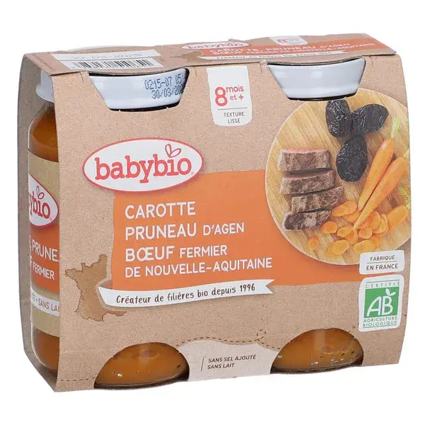 Pote de almoço Babybio orgânico de cenoura, ameixa e carne +8 meses 2 x 200g