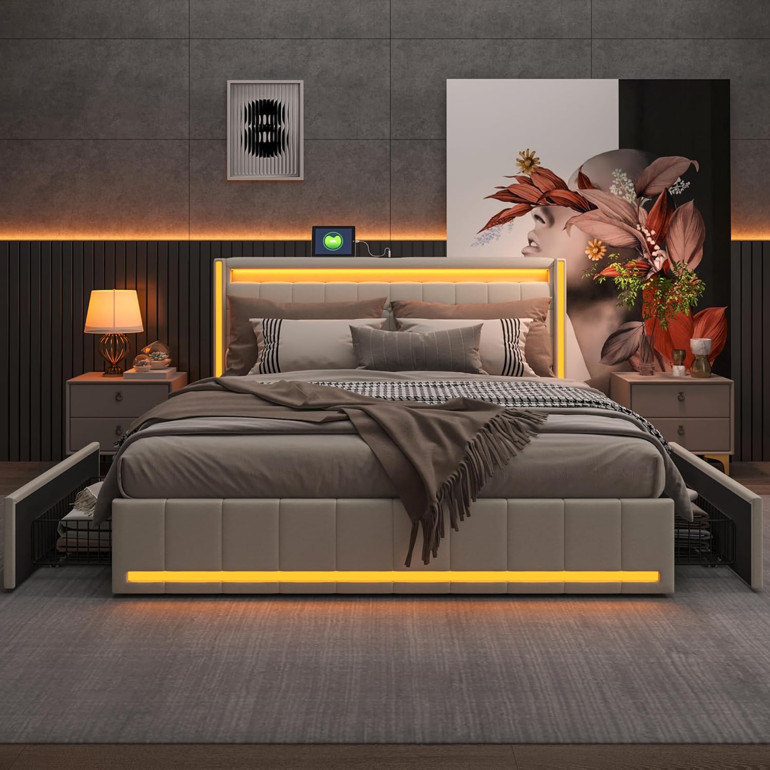 Bett mit Bettkasten,140x190 cm mit LED,gepolstertes Bett mit 4 Schubladen,gepolstertes Bett mit USB-Ladeanschlüssen und Typ-C-Ladeanschlüssen,auf dem Nachttisch,Doppelbett,gepolstert,für 2 Personen