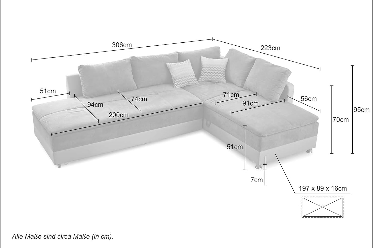 Federkern Ecksofa B306/T223/H95 cm Dauerschläfer, Doppelbett Schlaffunktion, Kaltschaum-Topper, Bettkasten, Regal, Schwenkteil LINKS, Mikrofaser-Bezug Anthrazit, Korpus Kunstleder Grau / 15105