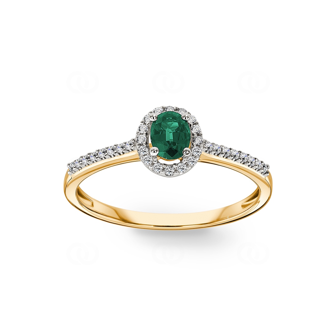 Damenring 750/18 K Gelbgold mit Smaragd oval und Diamanten 0.12 ct H/si