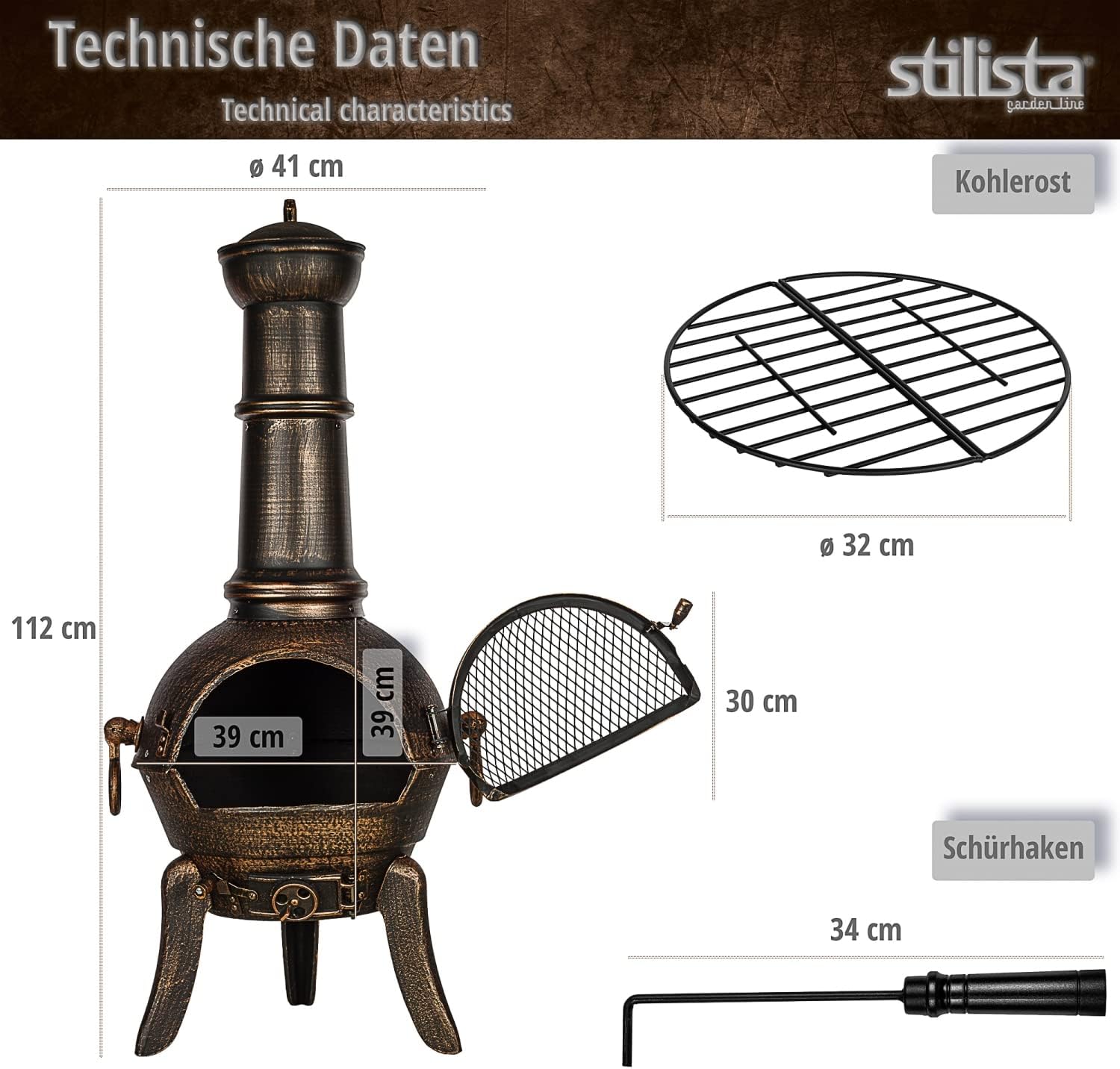 STILISTA® Terrassenofen 112 cm aus Gusseisen mit Funkenschutz und Schürhaken, Silber Grau