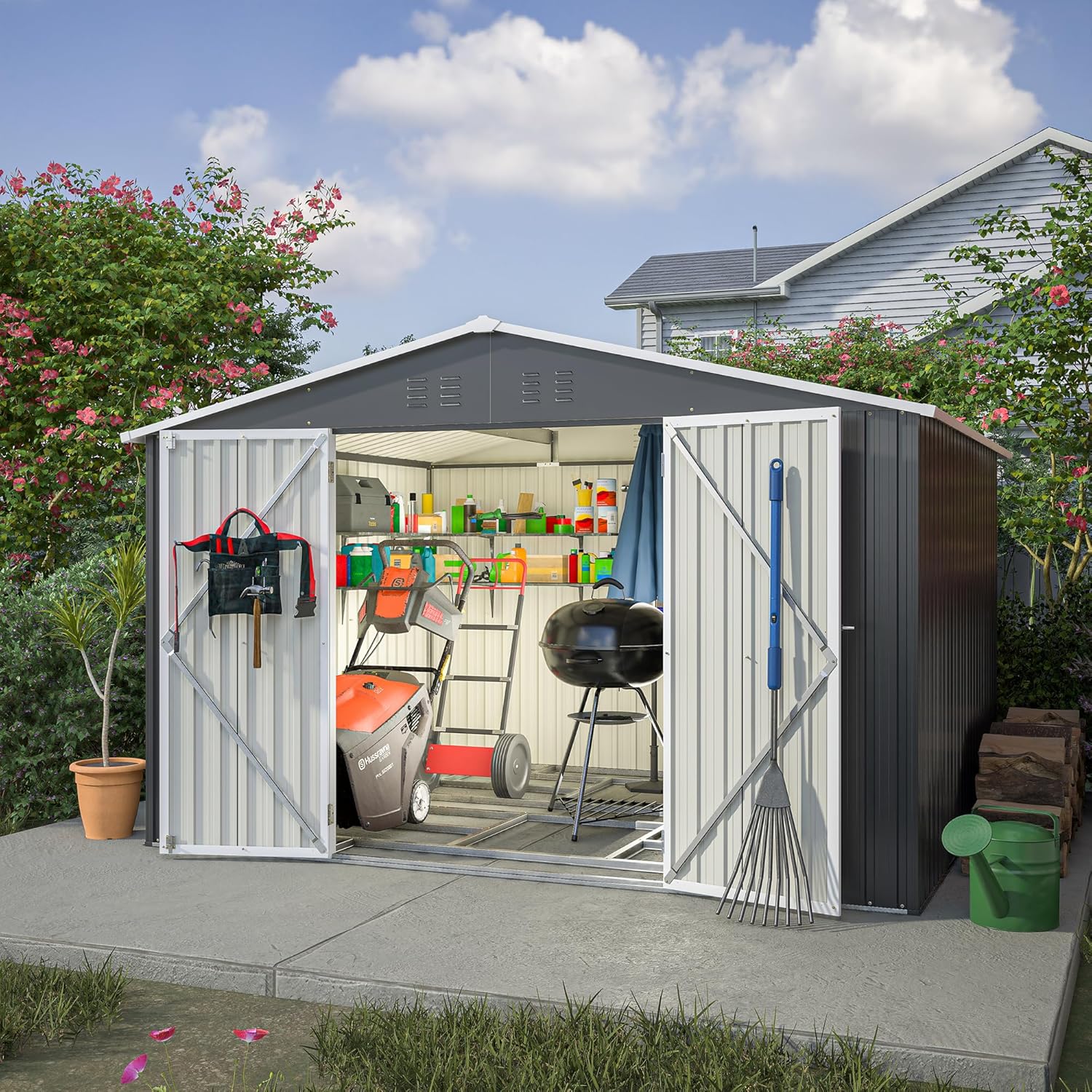 Metall Gerätehaus Gartenhaus Geräteschuppen Garten Schuppen Inkl. Metallfundament (ohne Boden), Metall Gerätehaus mit Pultdach, Geräteschrank für Garten (Schwarz 8x10)