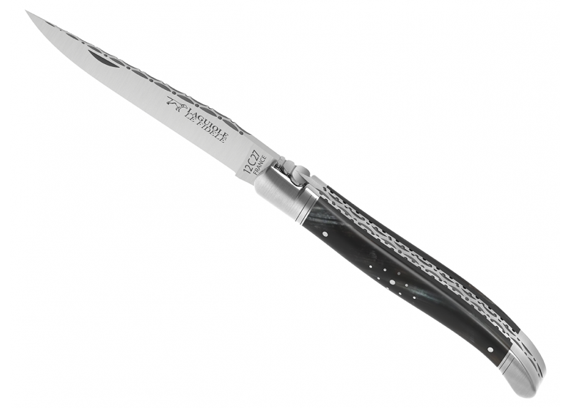 Couteau Laguiole prestige avec un manche en corne brune et mitres en acier inoxydable