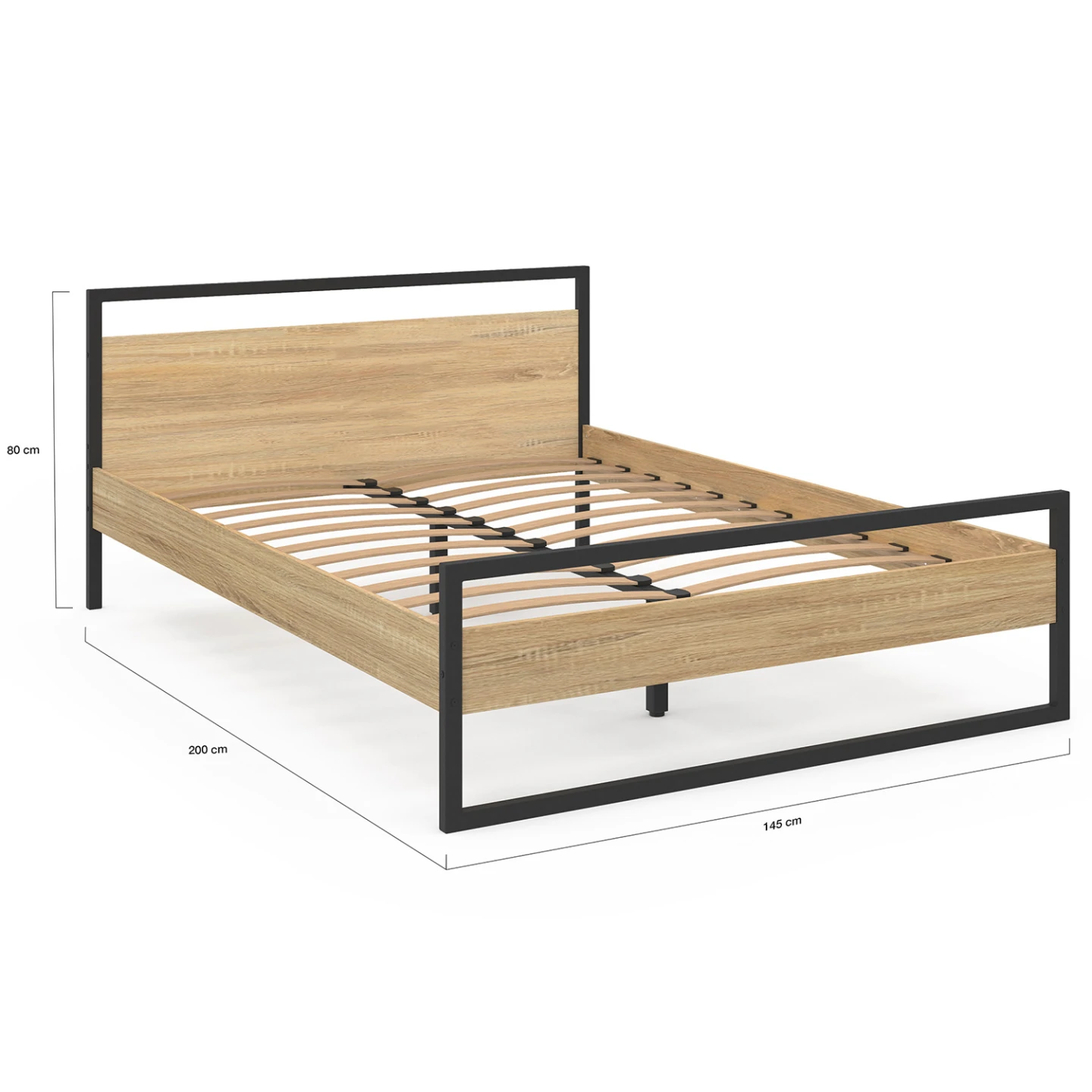 Lit double industriel DETROIT avec tête de lit et sommier 140 x 190 cm bois et métal noir