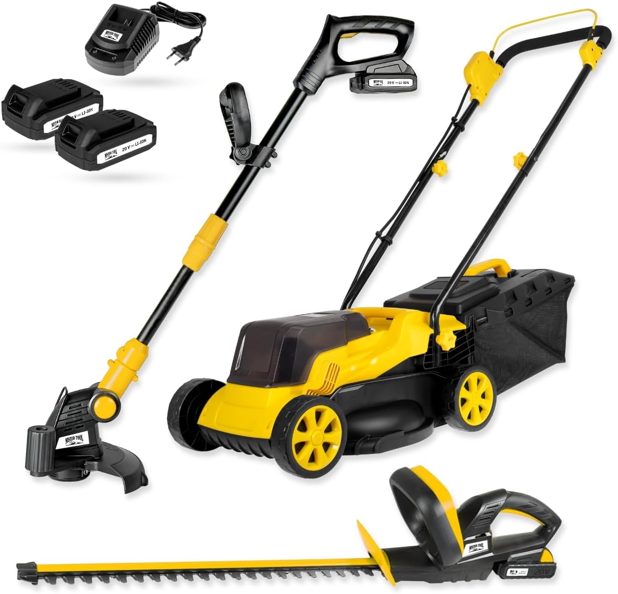 Akku-Garten-Set | 20V Rasenmäher, Rasentrimmer & Heckenschere | Kabellos & leistungsstark | 2X Li-Ion Akkus & Schnellladegerät | Perfekt für kleine & mittelgroße Gärten