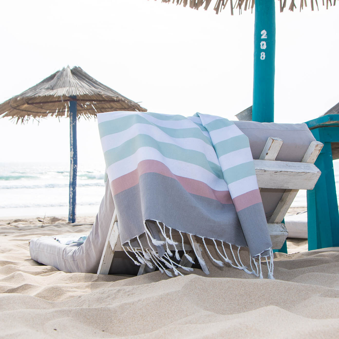 Febronie Fouta Arcachon vert d'eau/blanc/rose pâle/gris perle - 100x200 cm