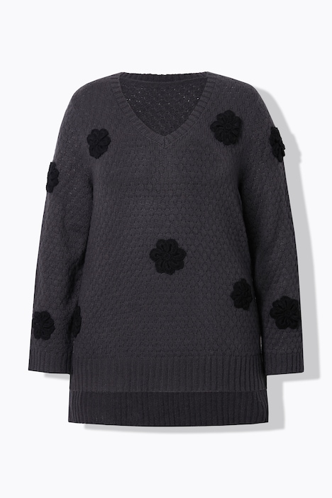 Pullover, Classic Fit, 3D Blüten, Seitenschlitze