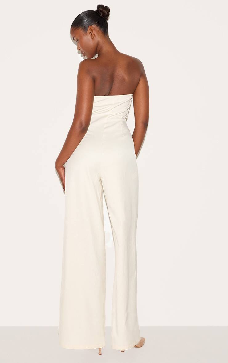 Crème Combinaison Bandeau Jambe Large Boutonnée En Tissu Tissé Ajusté