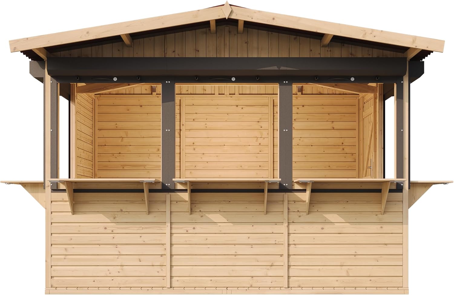 TIMBELA M150BZ Holz Gartenhaus, Marktbude Holz, Qualitäts Schiffslatten Kiefern Fichte Verkaufsstand Holzhaus mit Theke 26 x336 cm/6m², große multifunktionale Garten-Bar Verkaufshütte Verkaufsstände